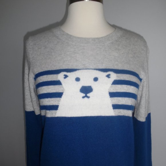 J. Crew Intarsia Polar Bear Wool Blend Striped Blue Pullover Sweater E4916 - Picture 3 of 9